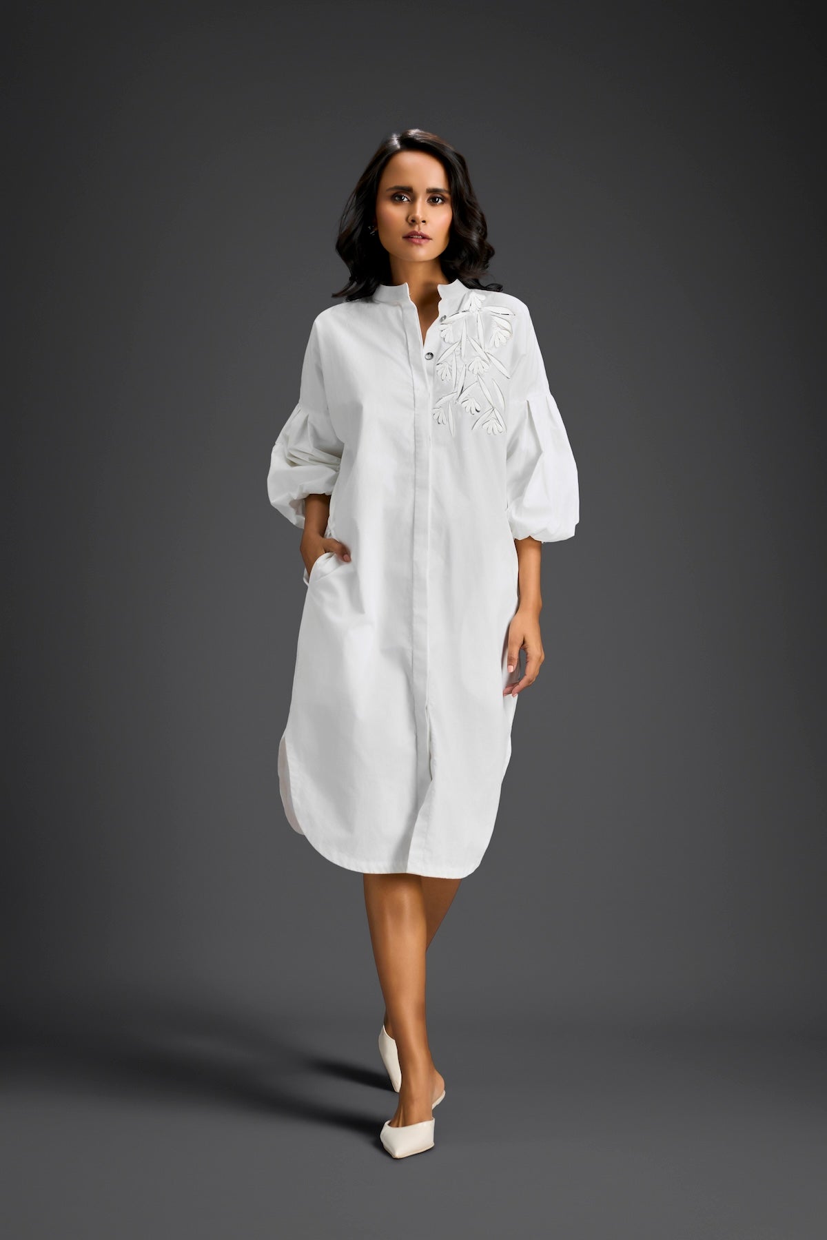 White Puffed Sleeve Shirt Dress with Sheer Back