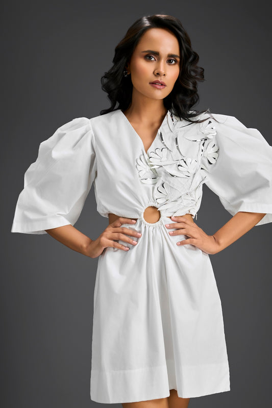 White Puff Sleeves V-Neck 3D Embellished Dress
