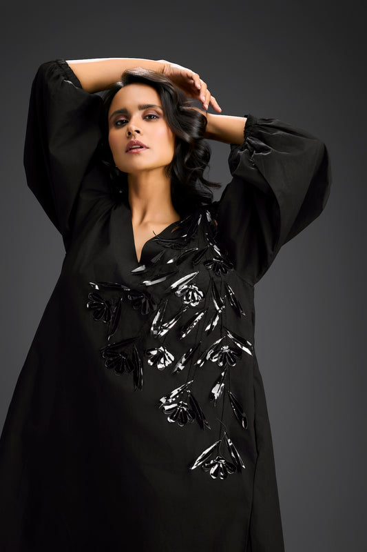 Black Embellished Puff Sleeve High-Low Dress