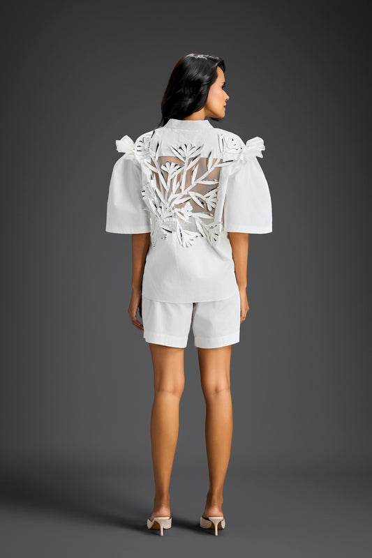 White 3D Floral & Glossy Leaf Embellished Co-ord Set
