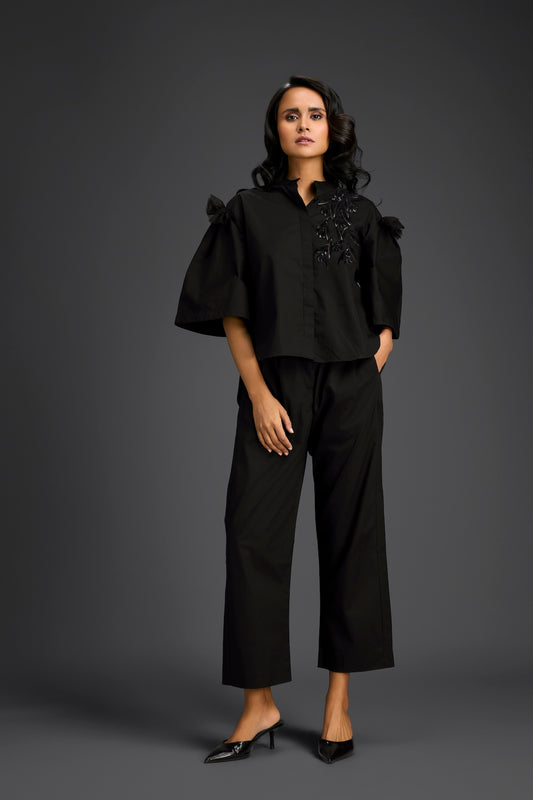 Black Embellished Sheer Back Shirt & Pants Set