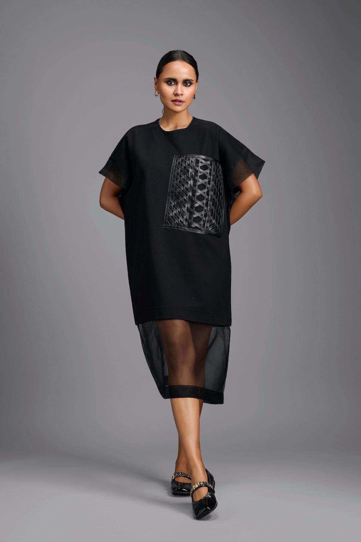 Black Oversized Dress with Sheer Hem Detail