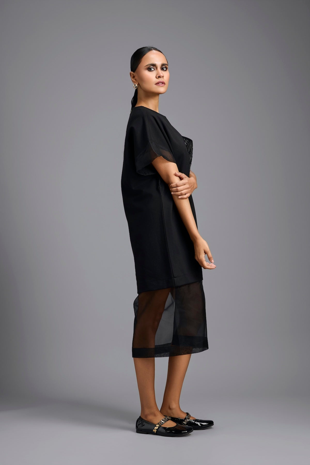 Black Oversized Dress with Sheer Hem Detail