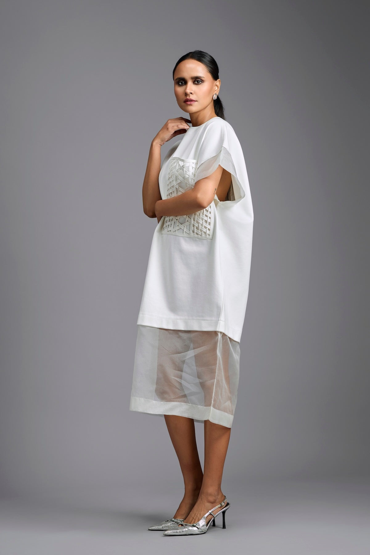 White Oversized Dress with Sheer Hem Detail