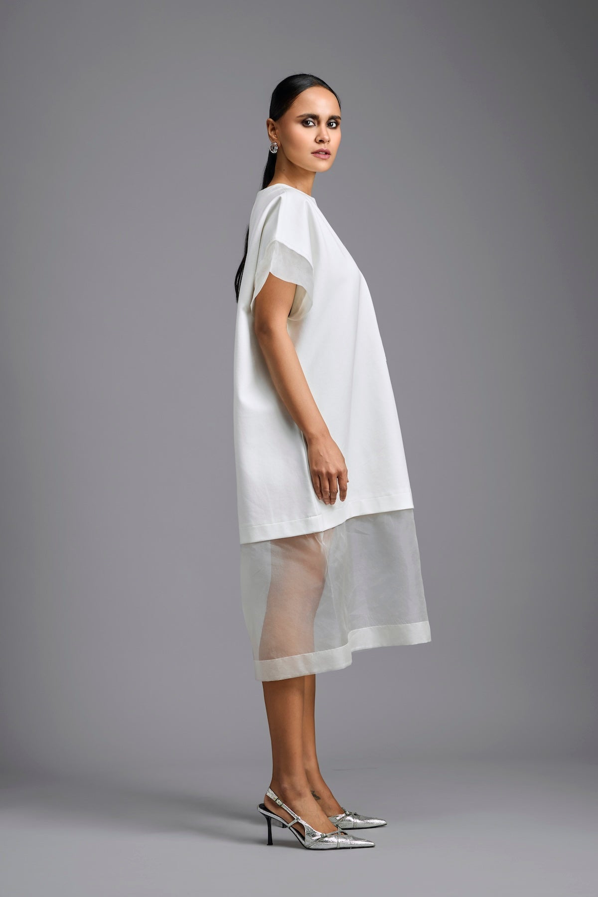 White Oversized Dress with Sheer Hem Detail