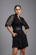 Load image into Gallery viewer, Black Playsuit with Woven Belt & Mesh Sleeves
