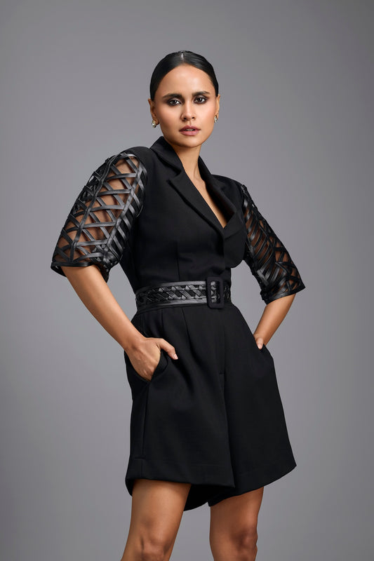 Black Playsuit with Woven Belt & Mesh Sleeves
