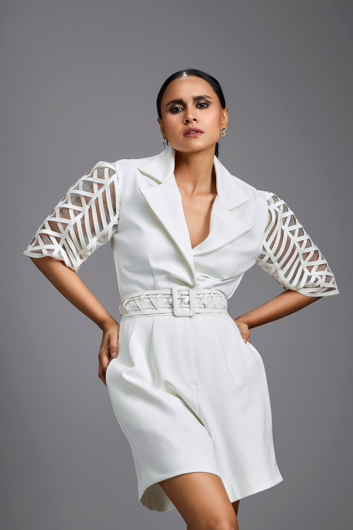 White Playsuit with Woven Belt & Mesh Sleeves