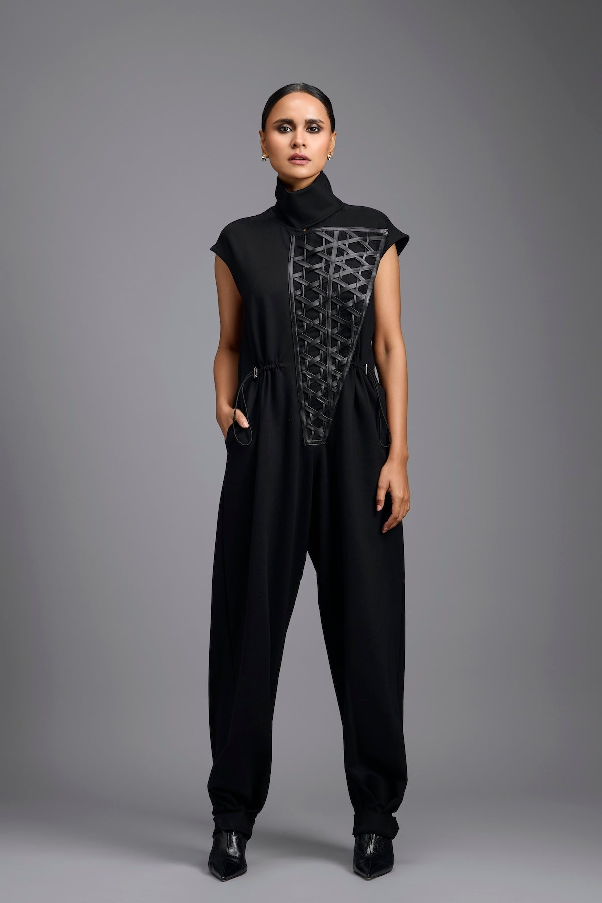 Black High-Neck Jumpsuit with Woven Leather Panel