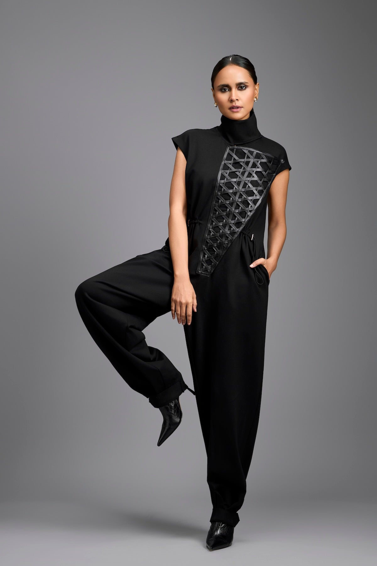 Black High-Neck Jumpsuit with Woven Leather Panel