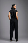 Load image into Gallery viewer, Black High-Neck Jumpsuit with Woven Leather Panel

