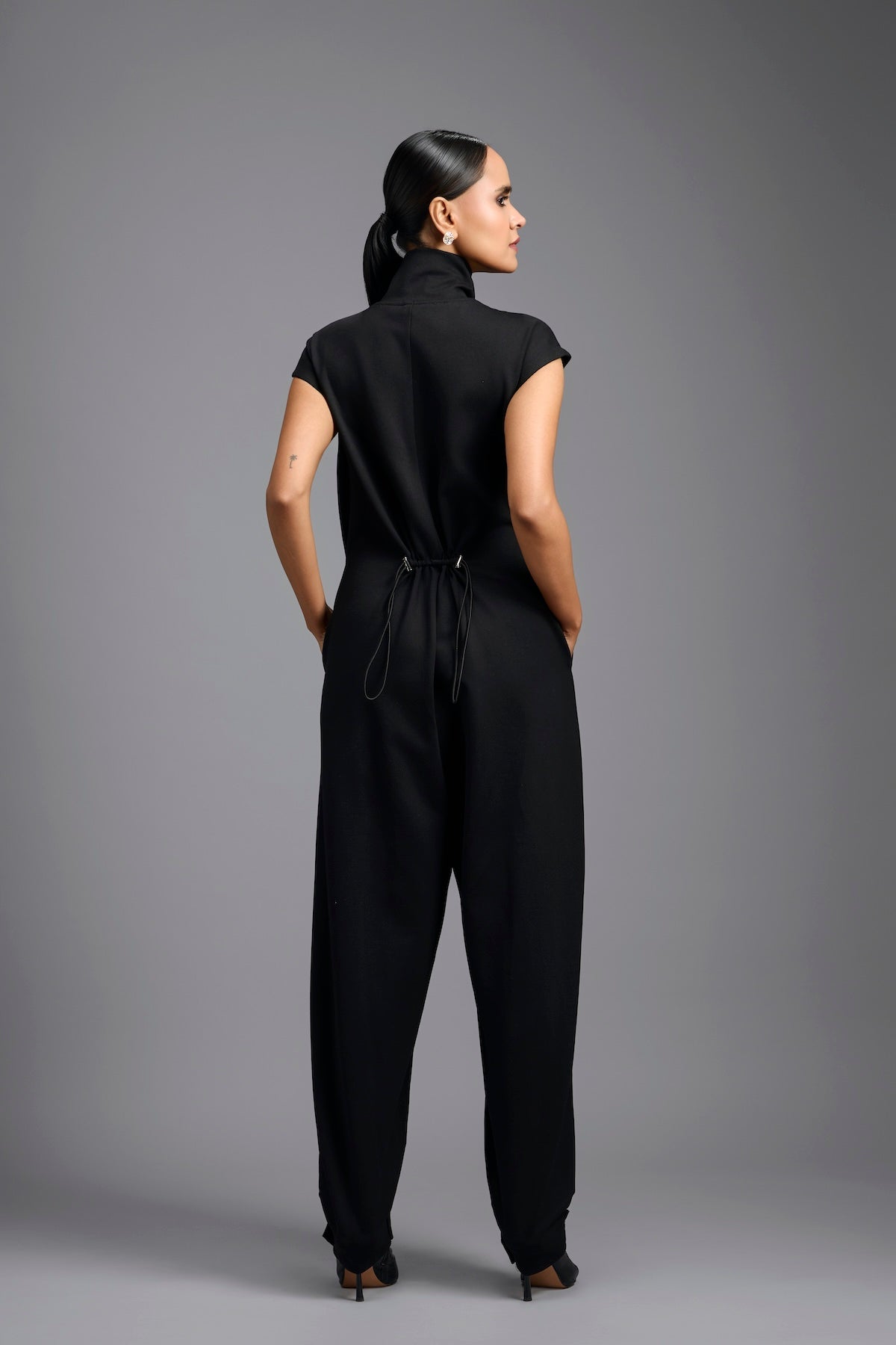 Black High-Neck Jumpsuit with Woven Leather Panel