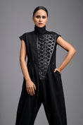 Load image into Gallery viewer, Black High-Neck Jumpsuit with Woven Leather Panel
