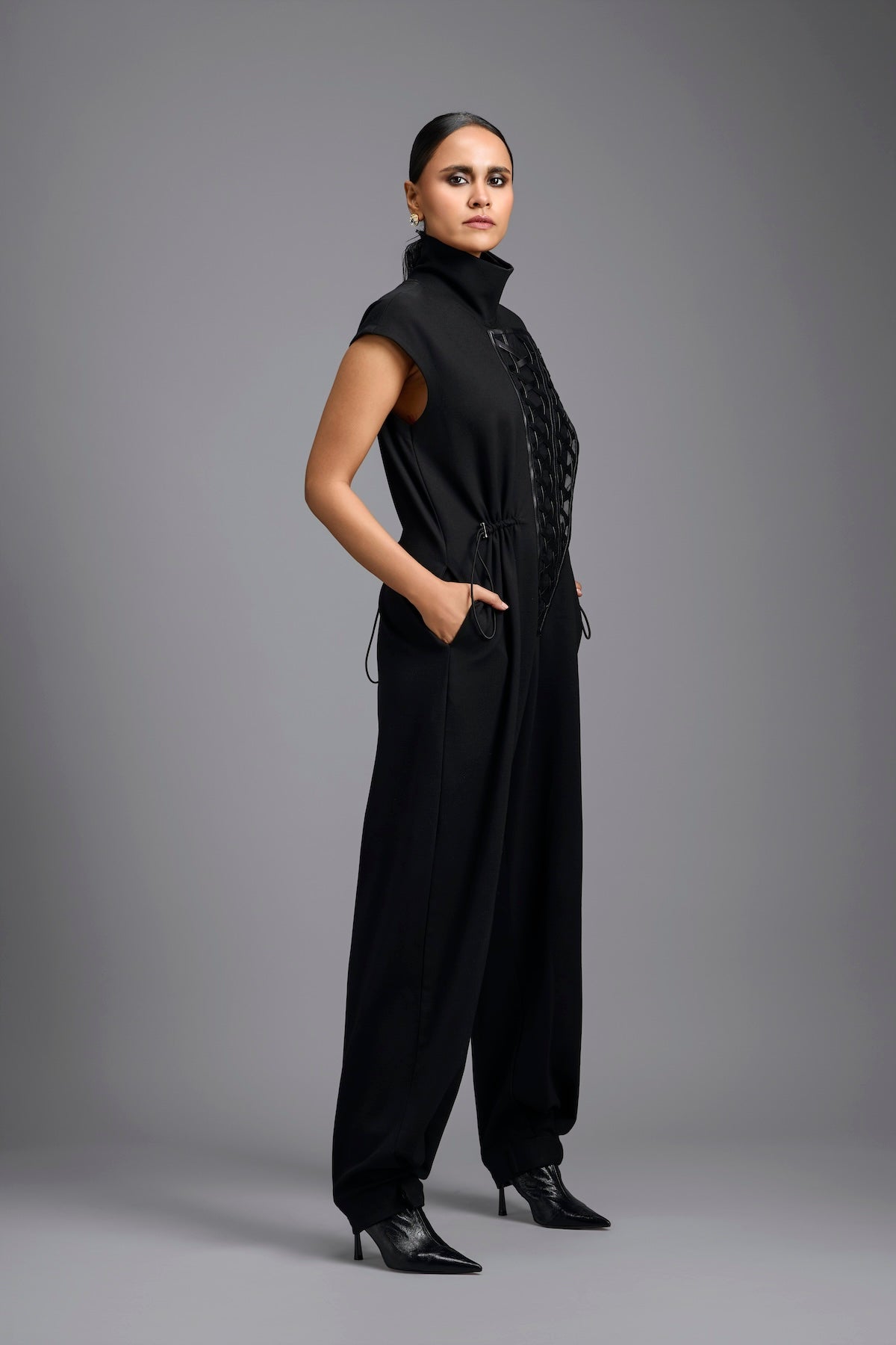 Black High-Neck Jumpsuit with Woven Leather Panel