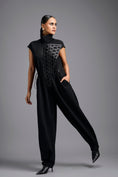 Load image into Gallery viewer, Black High-Neck Jumpsuit with Woven Leather Panel
