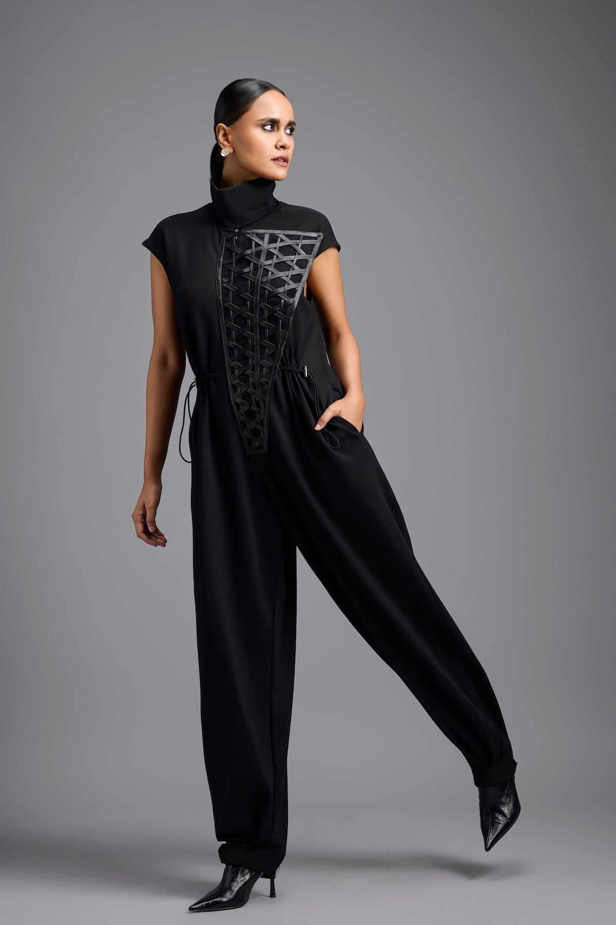 Black High-Neck Jumpsuit with Woven Leather Panel
