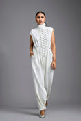 Load image into Gallery viewer, White High-Neck Jumpsuit with Woven Leather Panel
