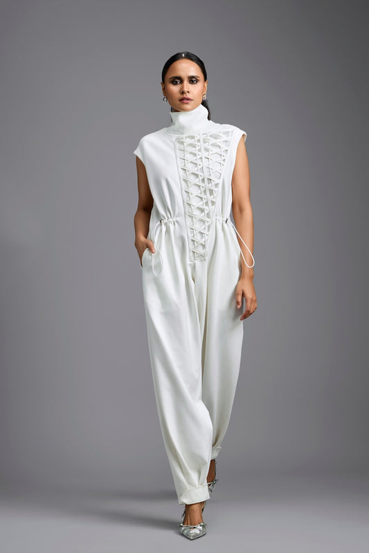 White High-Neck Jumpsuit with Woven Leather Panel