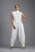 Load image into Gallery viewer, White High-Neck Jumpsuit with Woven Leather Panel
