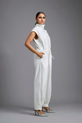 Load image into Gallery viewer, White High-Neck Jumpsuit with Woven Leather Panel
