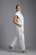 Load image into Gallery viewer, White High-Neck Jumpsuit with Woven Leather Panel
