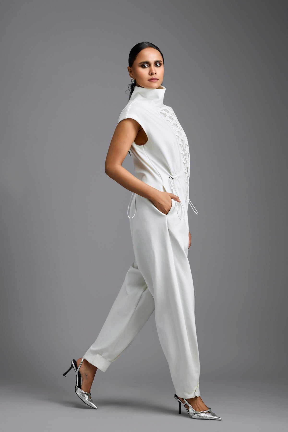 White High-Neck Jumpsuit with Woven Leather Panel