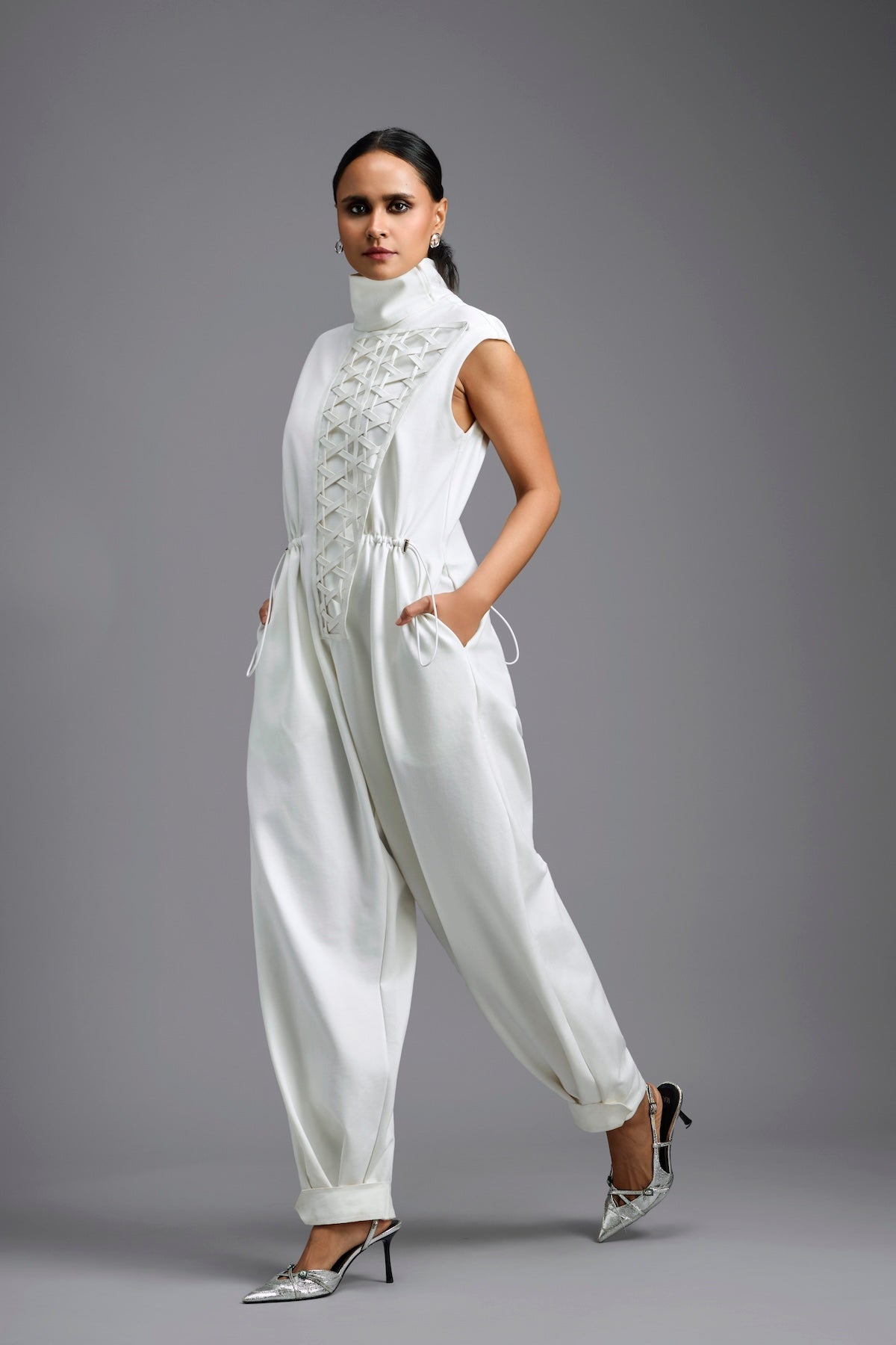 White High-Neck Jumpsuit with Woven Leather Panel