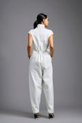 Load image into Gallery viewer, White High-Neck Jumpsuit with Woven Leather Panel
