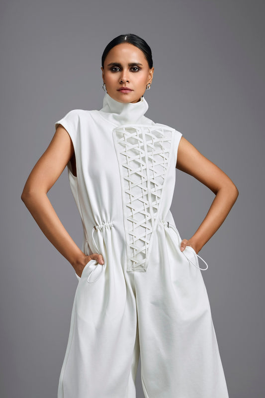 White High-Neck Jumpsuit with Woven Leather Panel