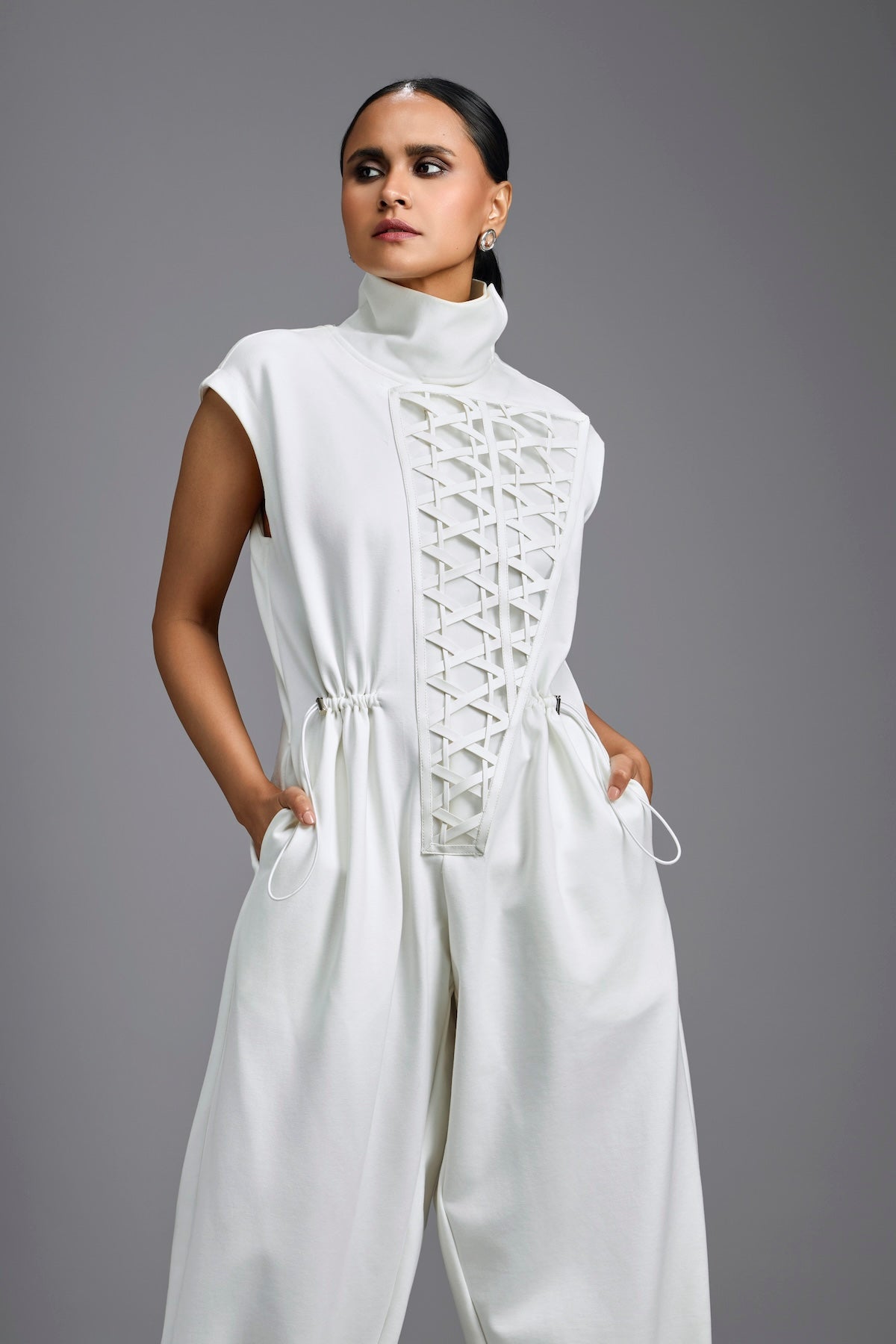 White High-Neck Jumpsuit with Woven Leather Panel