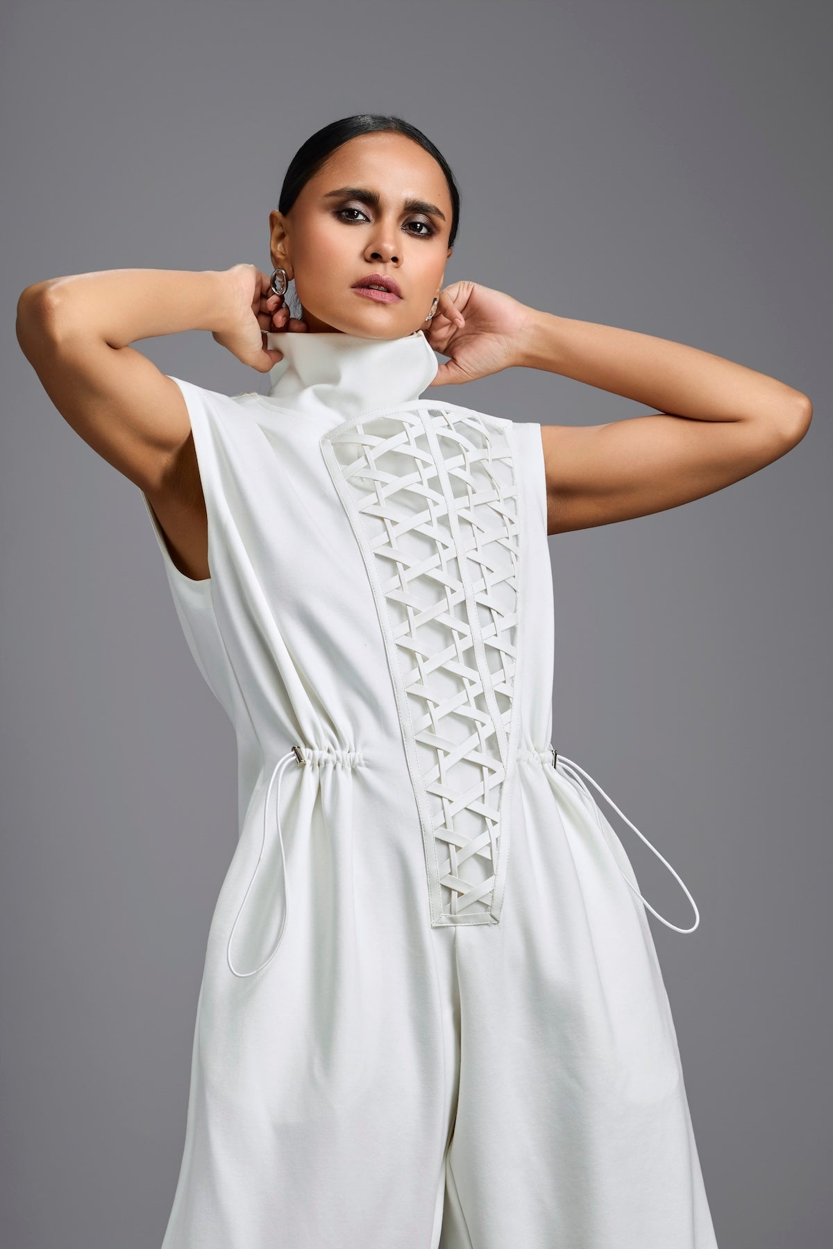 White High-Neck Jumpsuit with Woven Leather Panel