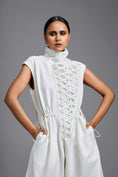 Load image into Gallery viewer, White High-Neck Jumpsuit with Woven Leather Panel
