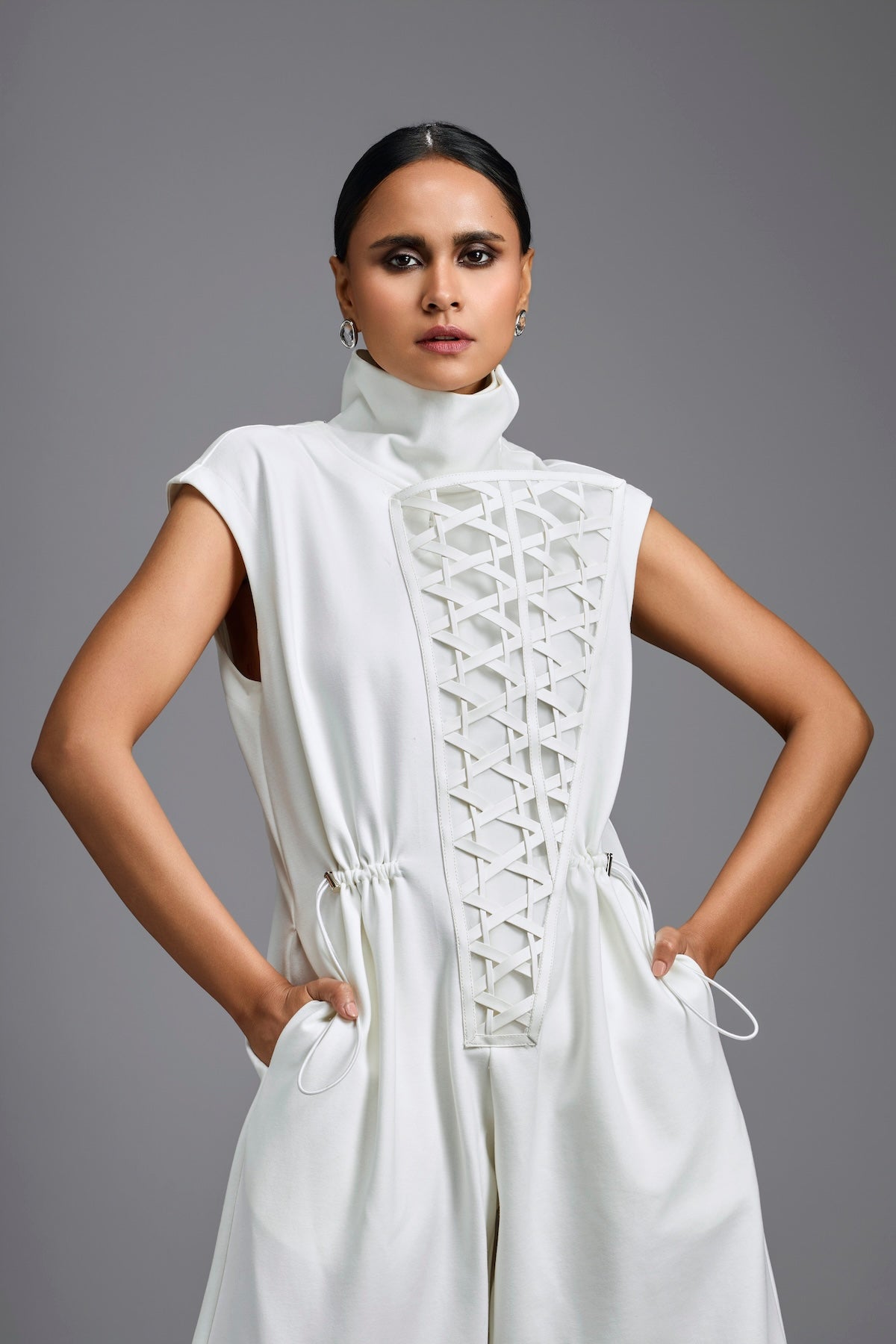White High-Neck Jumpsuit with Woven Leather Panel