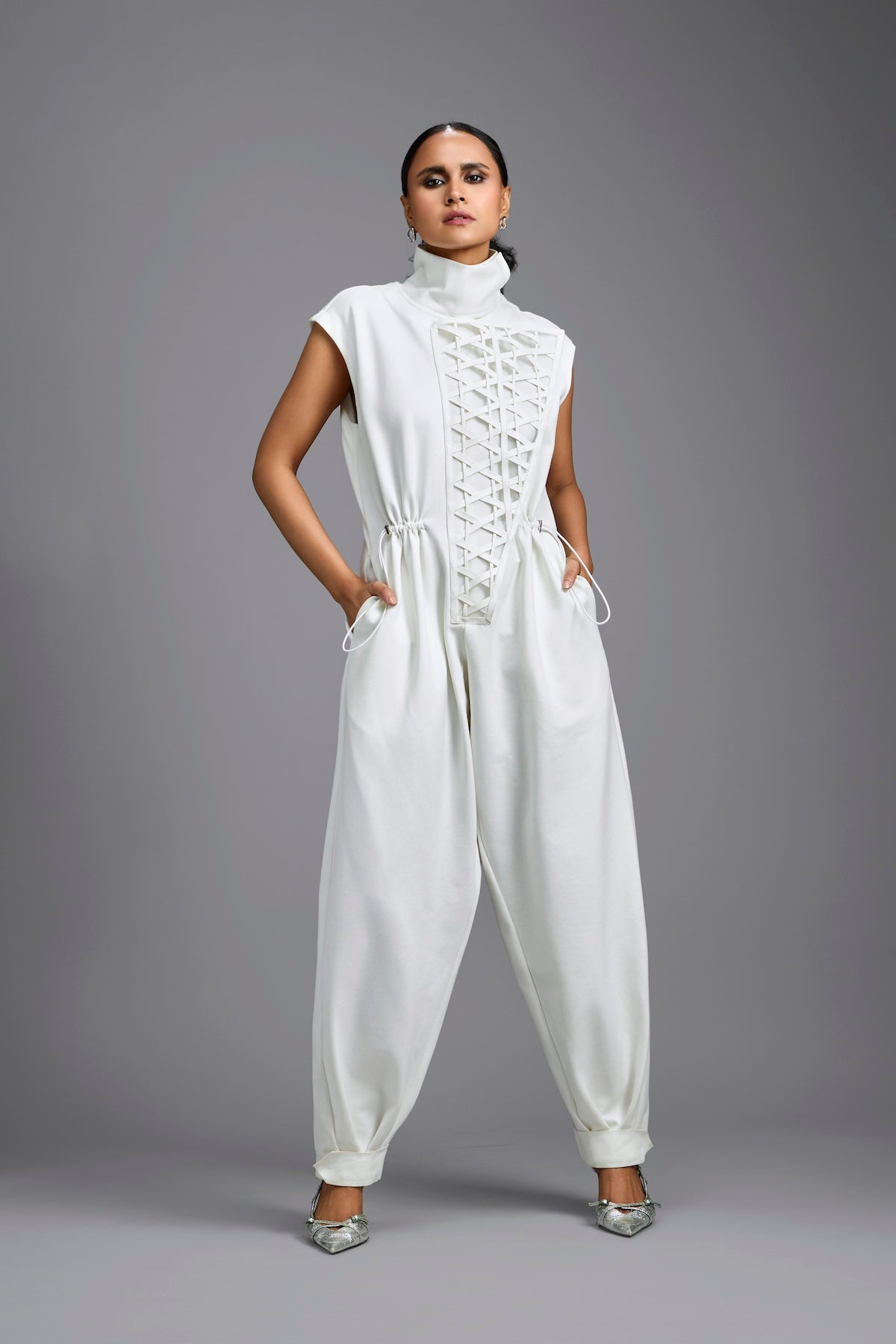 White High-Neck Jumpsuit with Woven Leather Panel