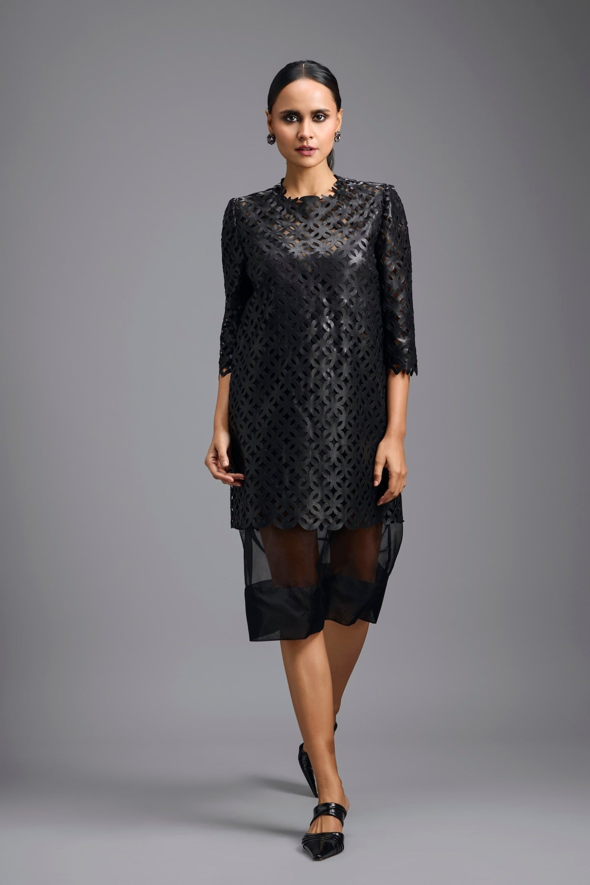 Black Laser-Cut Dress with Sheer Hem