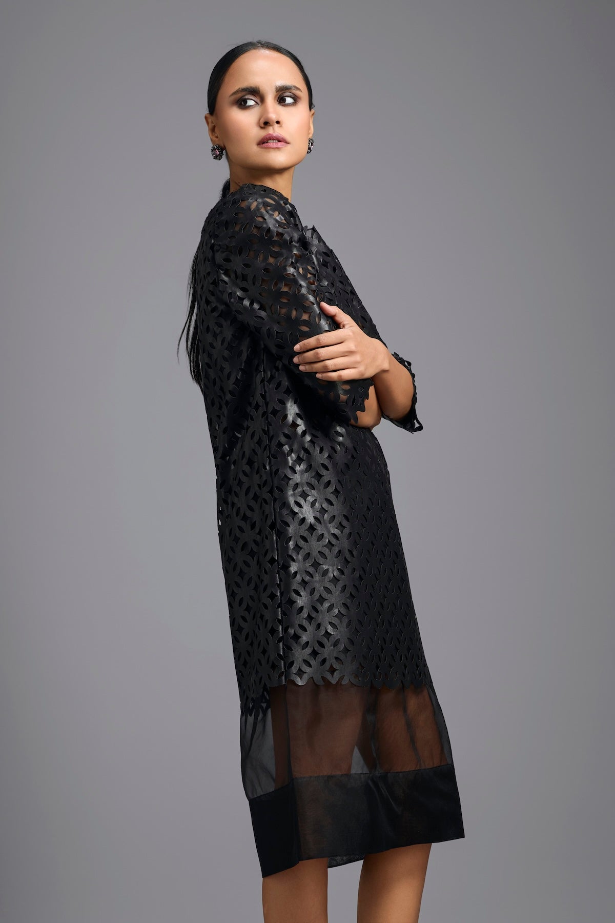 Black Laser-Cut Dress with Sheer Hem