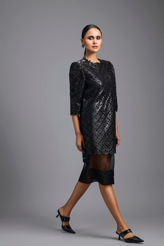 Black Laser-Cut Dress with Sheer Hem