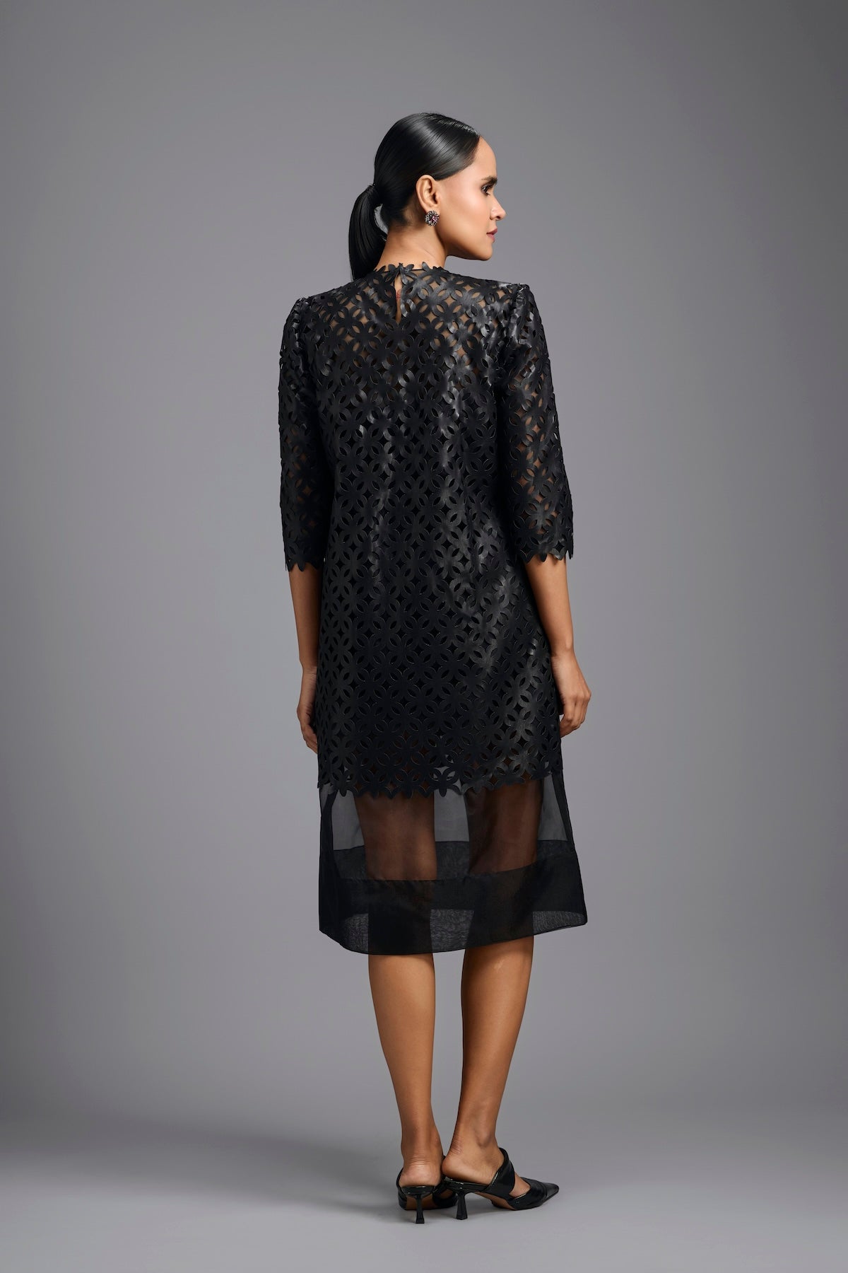 Black Laser-Cut Dress with Sheer Hem