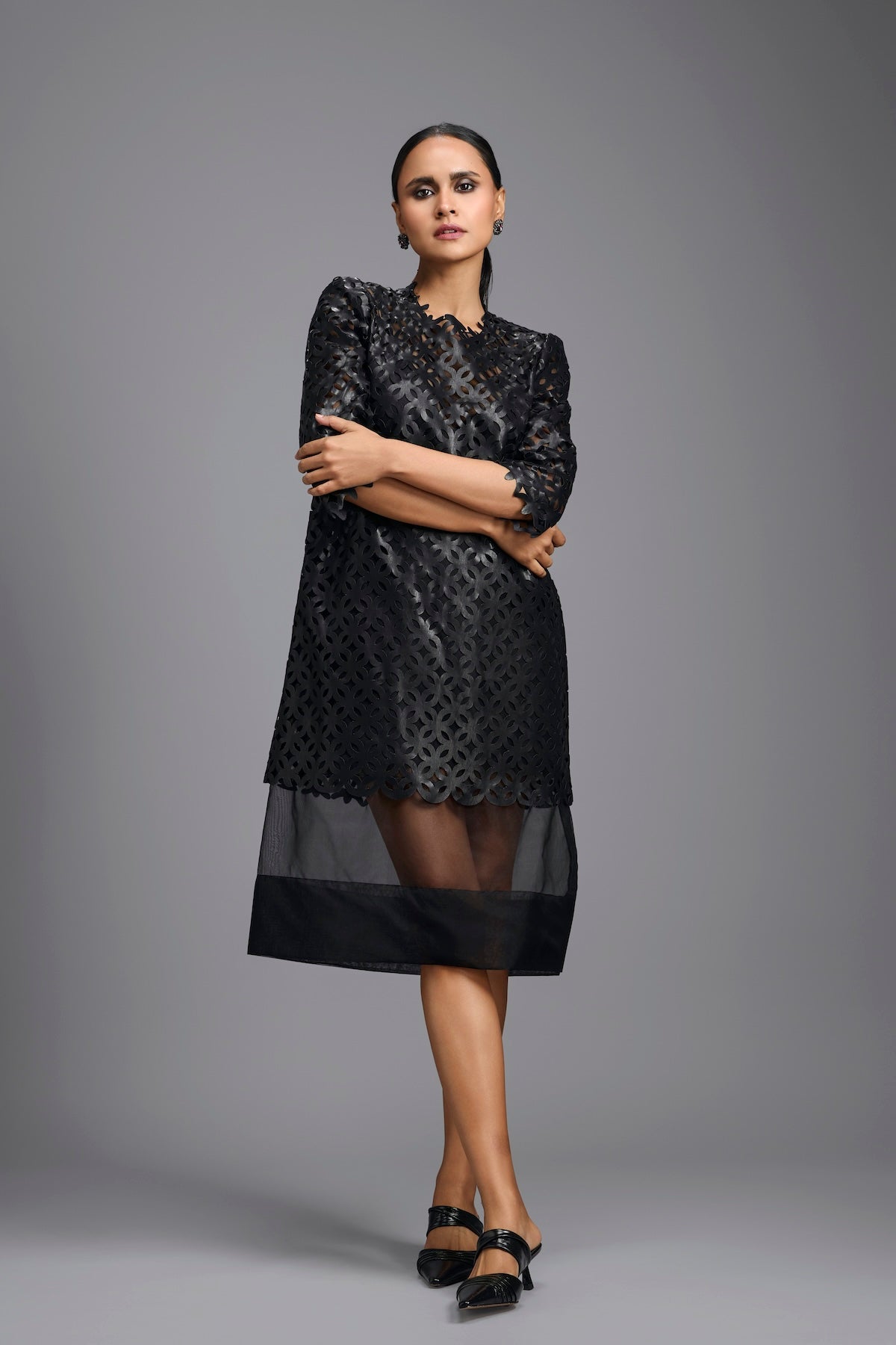 Black Laser-Cut Dress with Sheer Hem