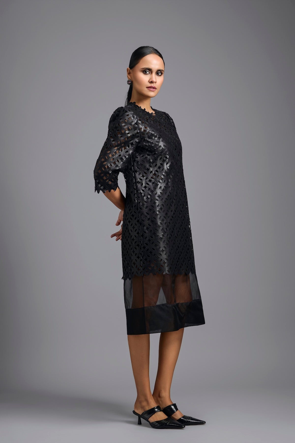 Black Laser-Cut Dress with Sheer Hem