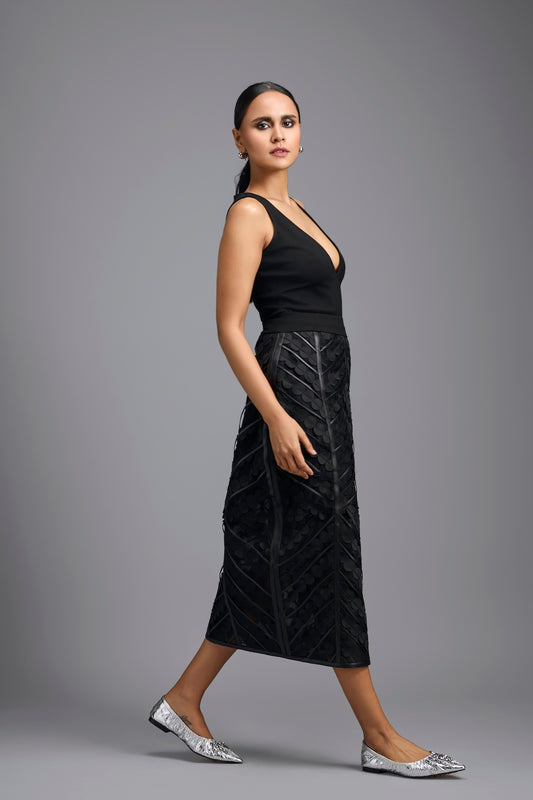 Black Midi Skirt with Geometric Panels