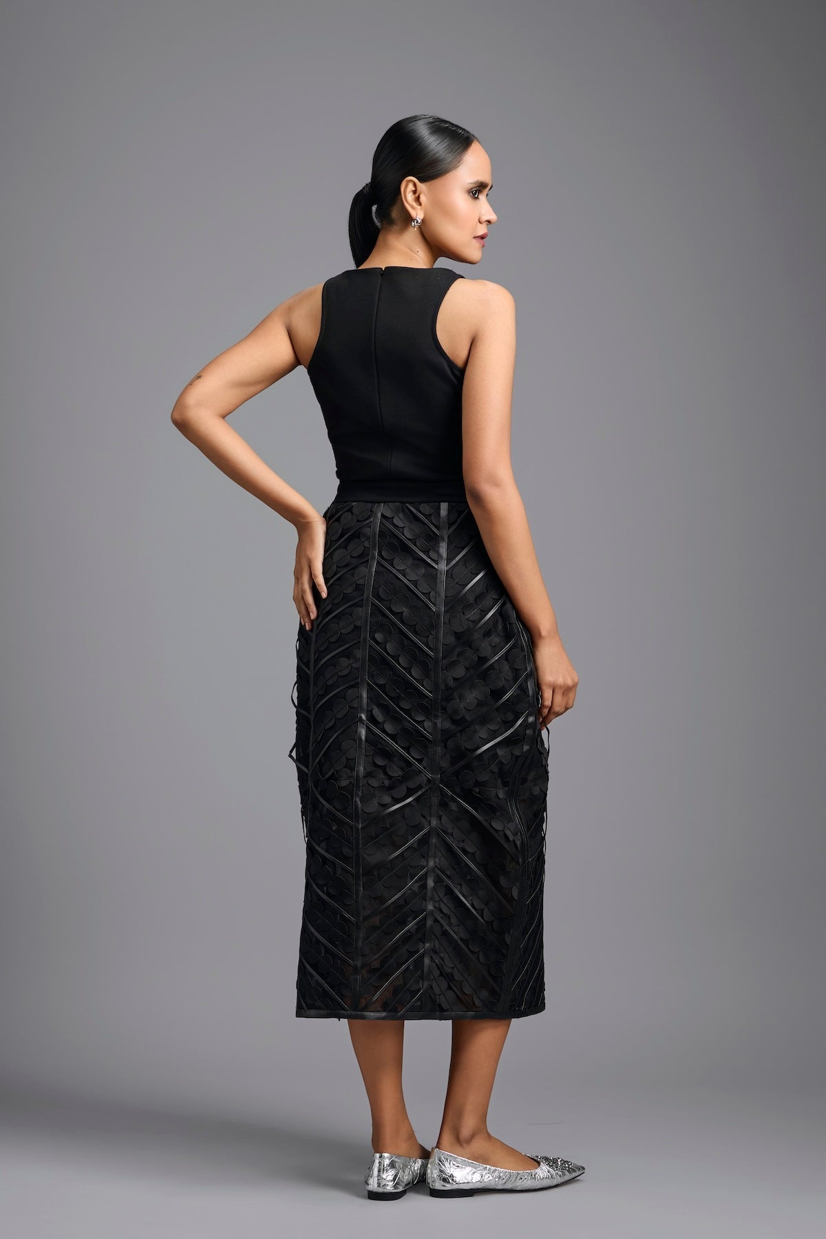 Sheer Geometric Panelled Midi Skirt with Appliqué Bodysuit