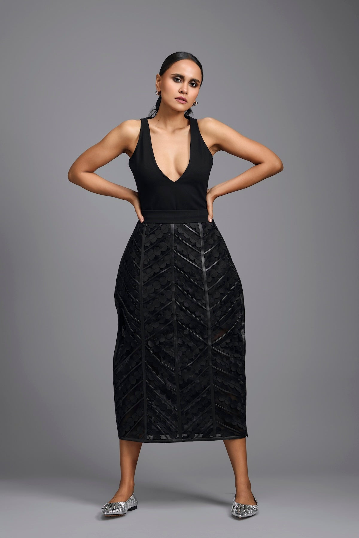Sheer Geometric Panelled Midi Skirt with Appliqué Bodysuit