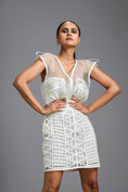 Load image into Gallery viewer, White Sheer Organza Corset Top with Lattice Panel Mini Skirt
