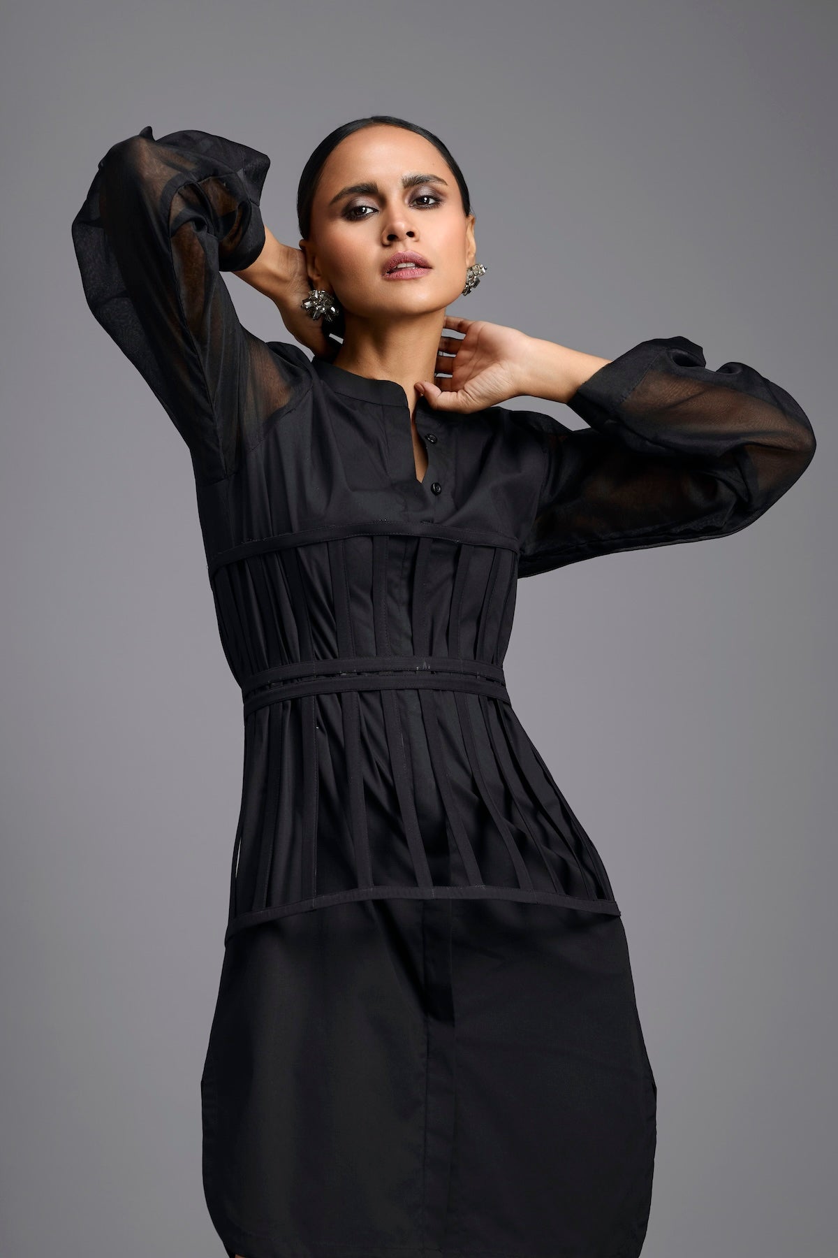 Black Shirt Dress with Sheer Sleeves