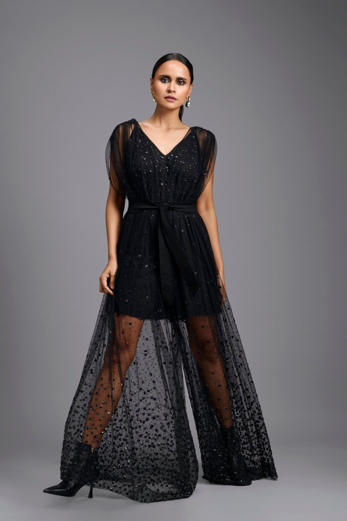 Black Embellished Sheer Overlay Jumpsuit