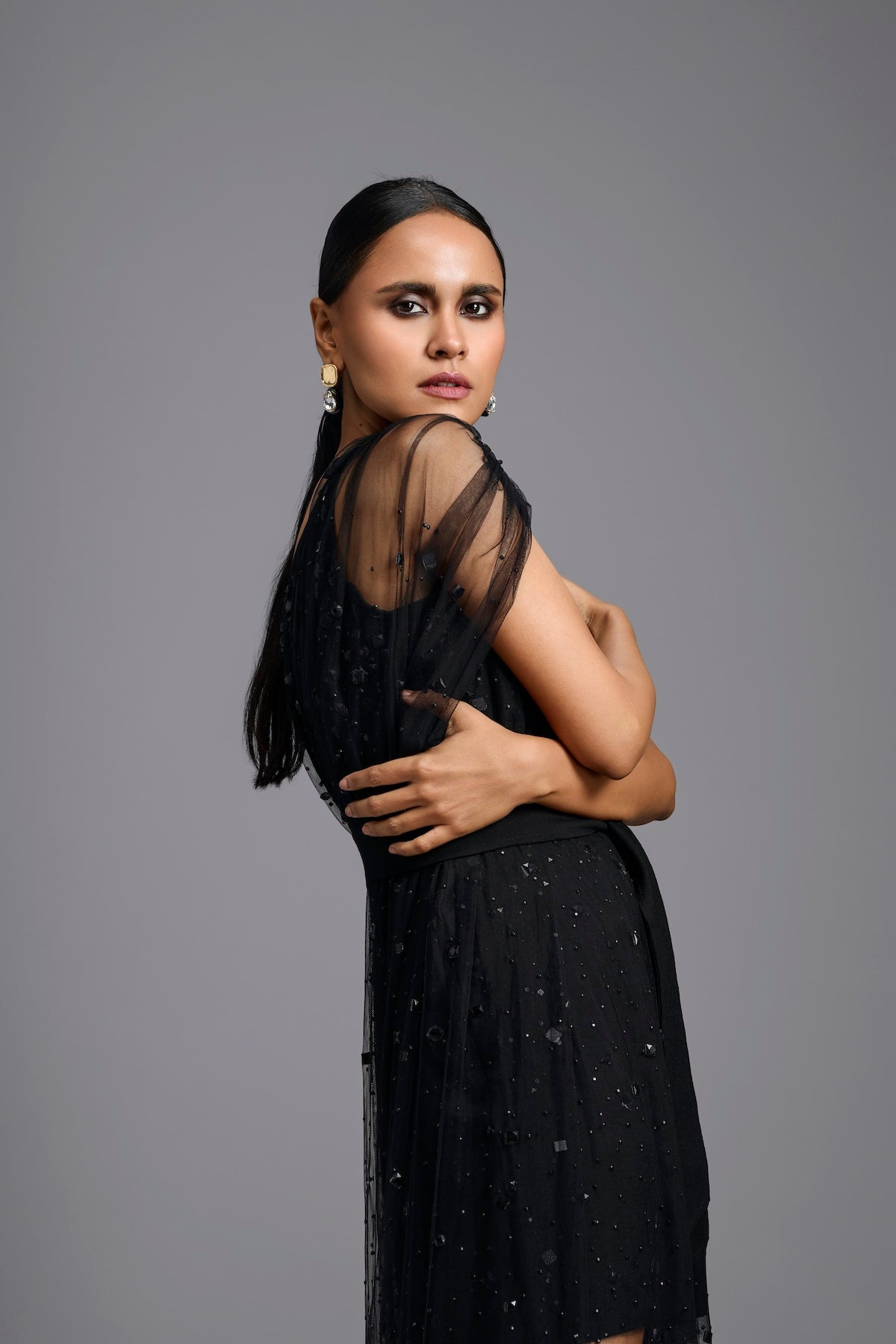 Black Embellished Sheer Overlay Jumpsuit