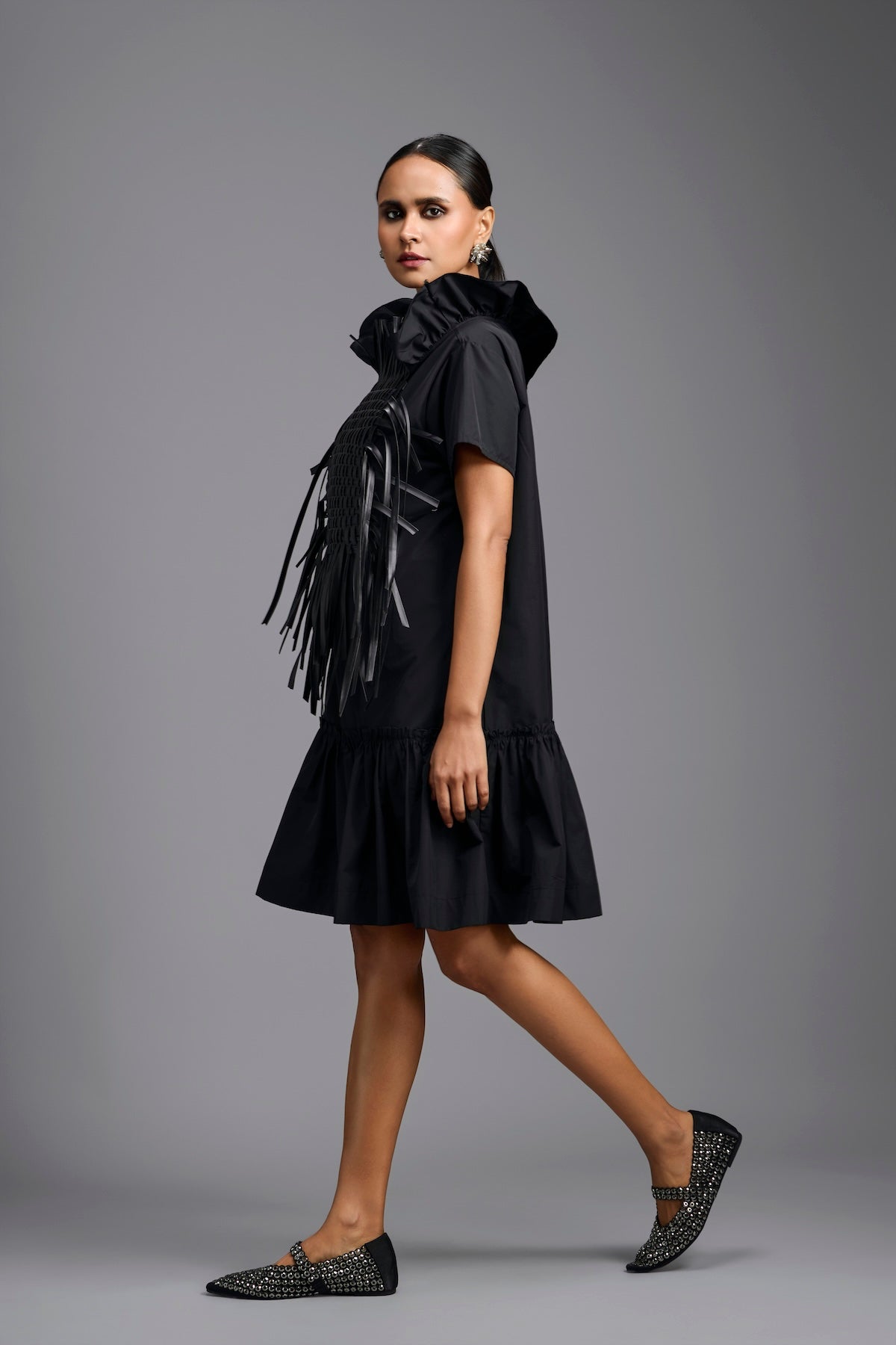 Black Leather Panel Sculptural Dress