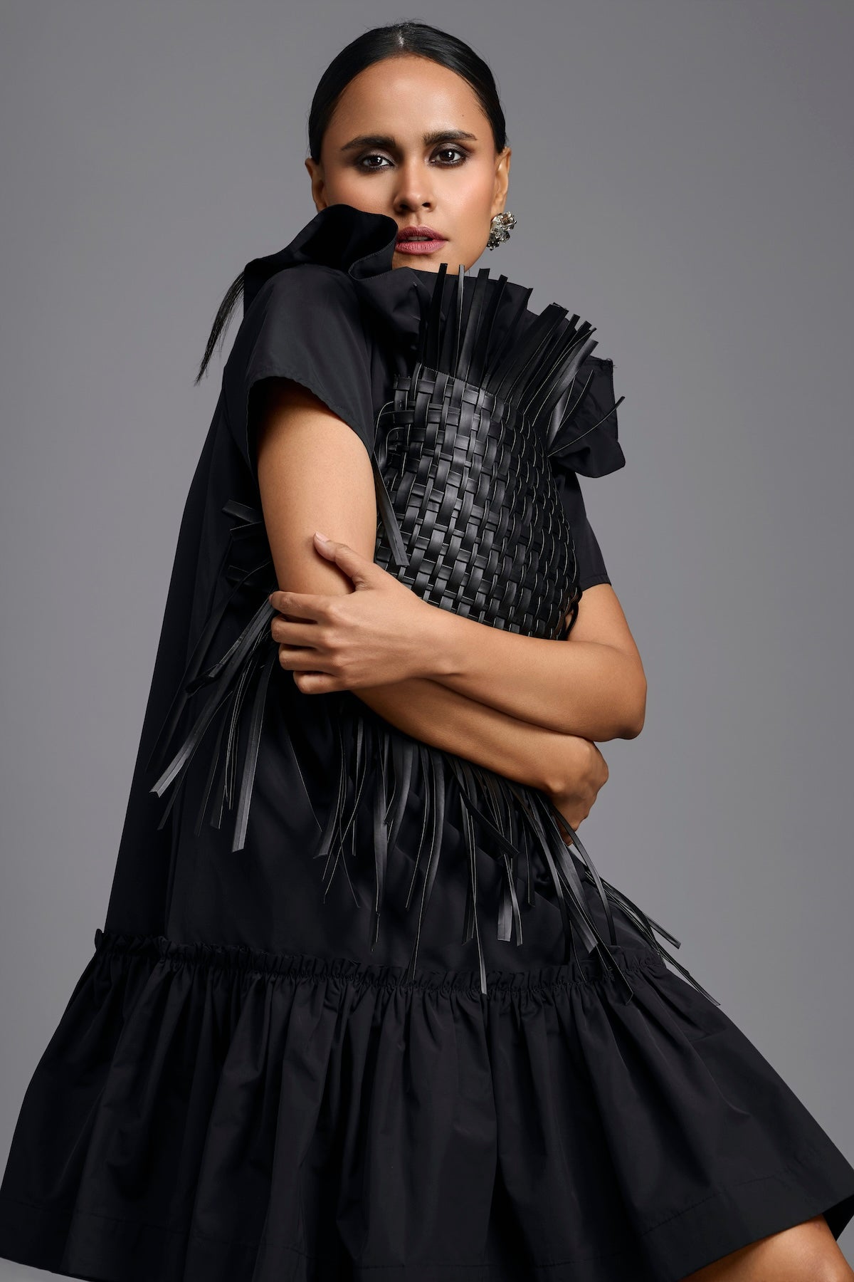 Black Leather Panel Sculptural Dress