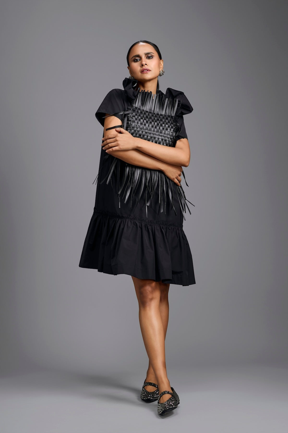 Black Leather Panel Sculptural Dress